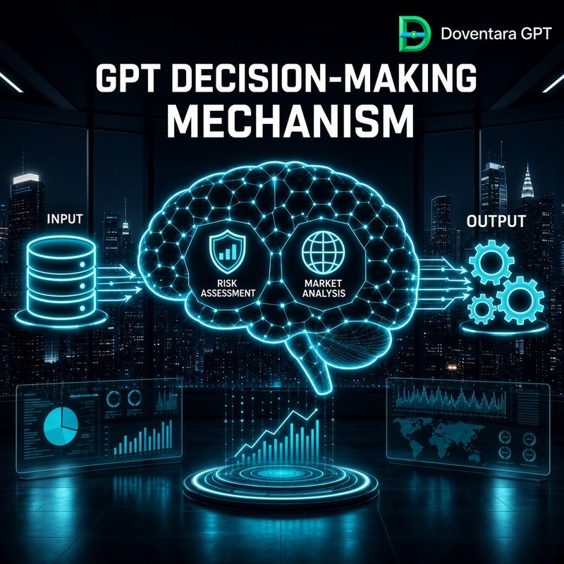 Esquema del motor predictivo Doventara GPT con nodos de analisis de riesgo y mercado en una arquitectura neuronal