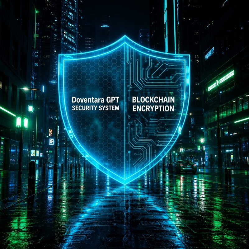 Escudo digital Doventara GPT sobre una ciudad, que representa proteccion multicapa de activos